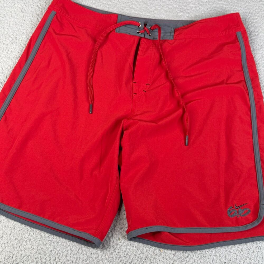 Nike 6.0 Board Shorts Mens 36 x 9" Red Gray Swim Trunks Bathing Suit Drawstring